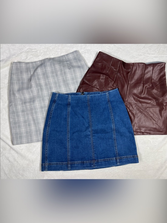 Express Dresses & Skirts - Women's Mini Skirt/ Short Trio — Denim, Gray Plaid, Brown Burgundy Faux Leather